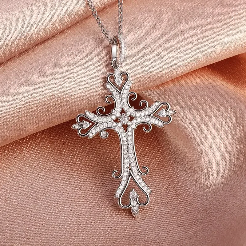 Exquisite Cross Studded Zircon Pendant Necklace for Women Fashion Glamor Wedding Jewelry