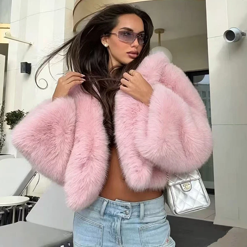 TARUXYFashion Faux Fur Coat Womens Hooded Fur Trim Long Sleeve Front Fluffy Plush Faux Fox Fur Short Jacket Winter Casual Street