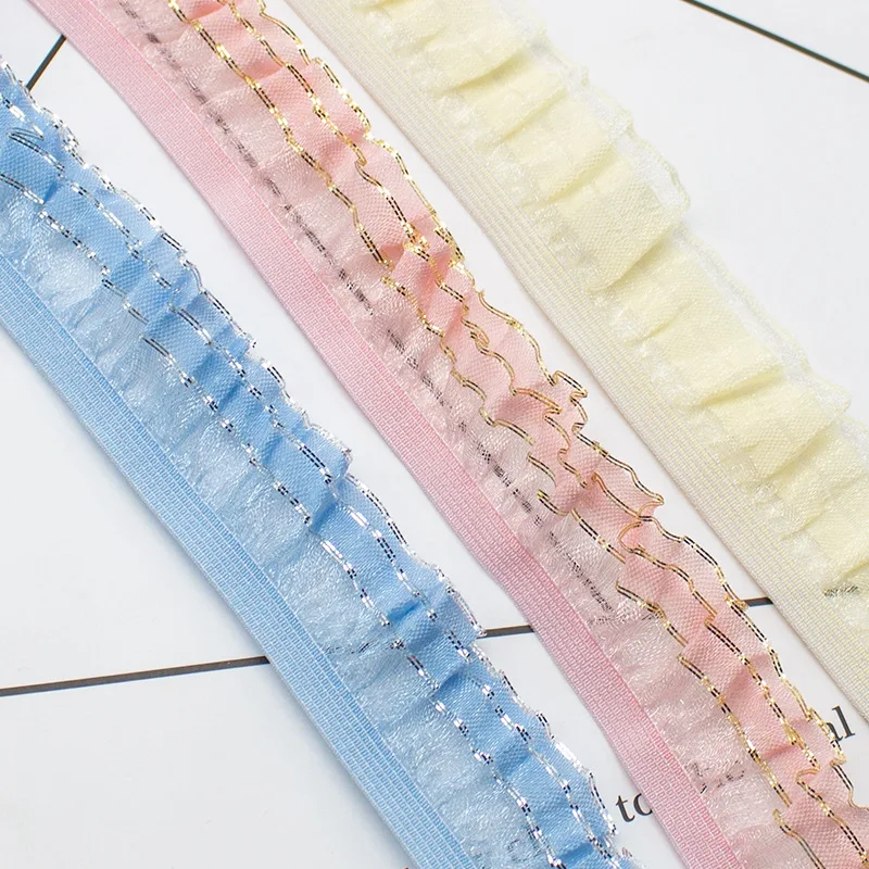 2.5cm Gold/Silver Thread Double Layer Gauze Wood Ear Elastic Stretch Lace Trimmings Home Textiles Doll Clothes Accessories X1277