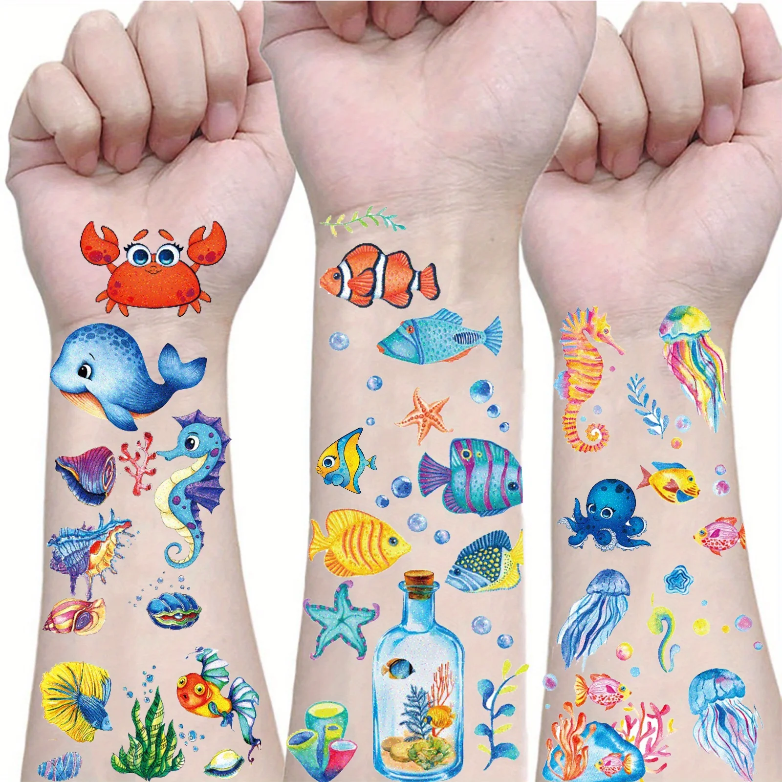 12 Sheets Tattoo Sticker Glitter Shell Ocean Sea Animals Temporary Tattoo Stickers, Cute Design Waterproof Fake Underwater