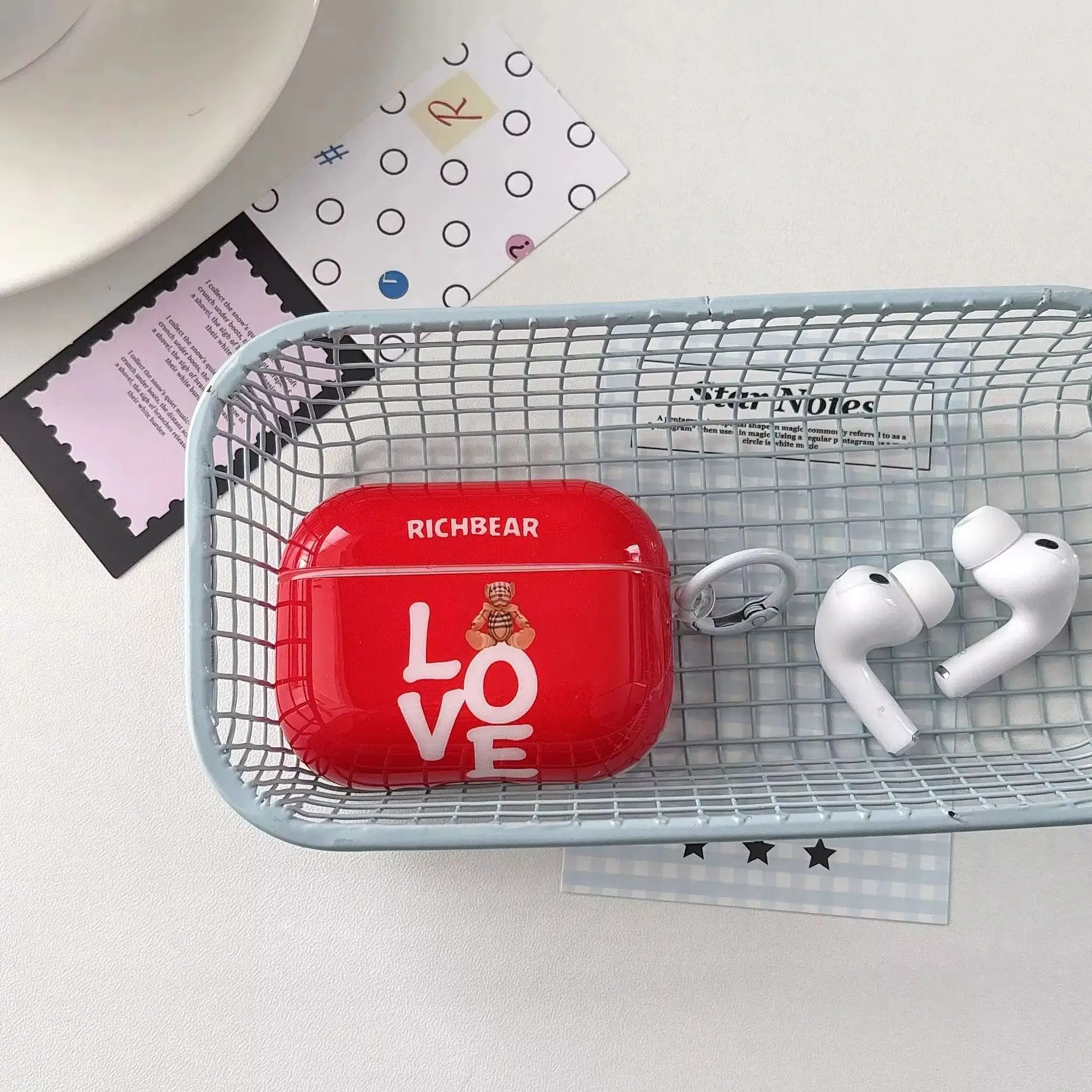 Fashion Letters Check Bear Pattern Red Glossy Shockproof Protective Earphone Cover Case For AirPods 1 2 3 4 5 Pro Pro2 Pro3