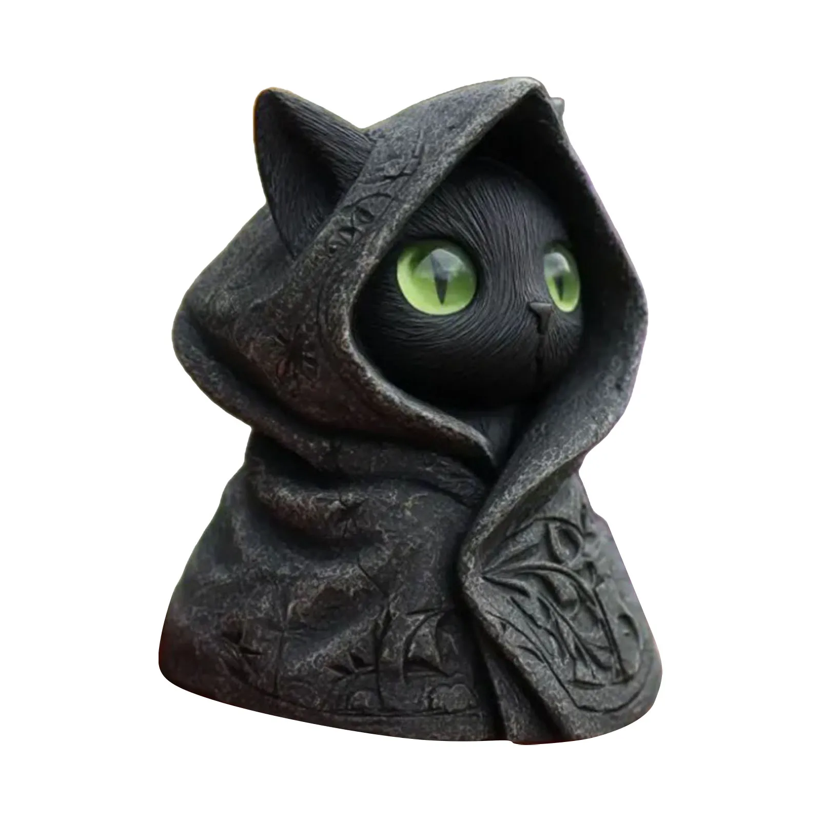 Mystical Hooded Cat Statue Figurine With Hooded Cloak Mystical Green Eyed Cat Statue For Home Decor Halloween Decor Gift