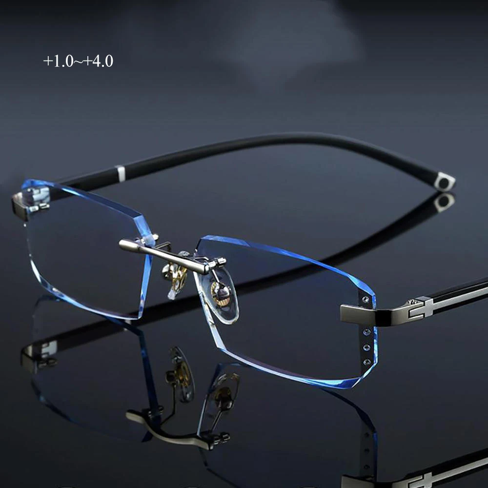Lunettes de presbytie anti-bleu sans cadre pour hommes, lunettes à bords coupés, lunettes claires, anti-fatigue, HD, presbytie, nouveau