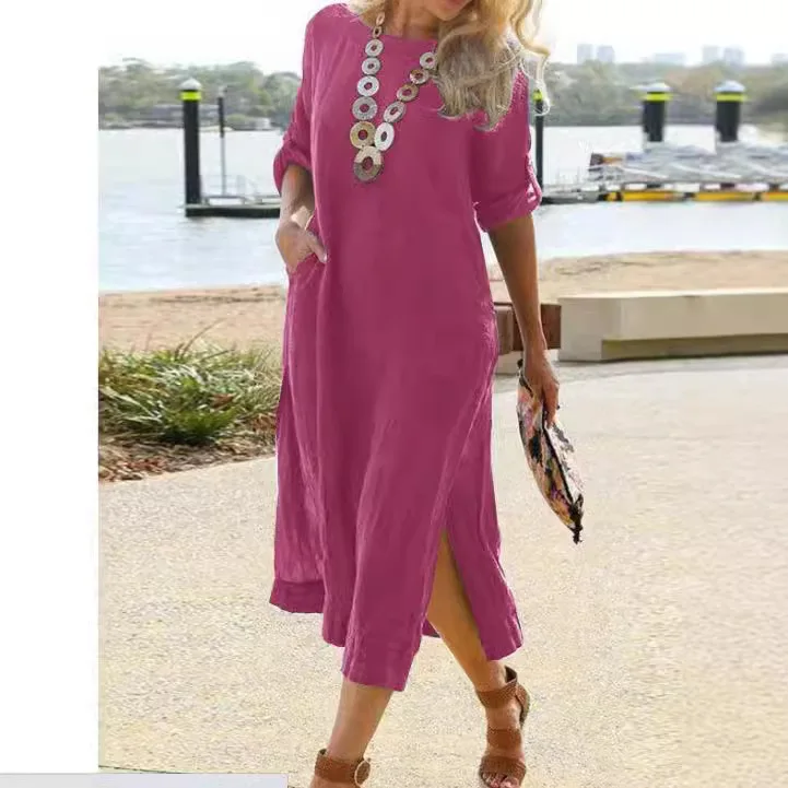 

Women Dress Solid Loose Straight Long Dresses Split Half Sleeve Pockets Casual Splice Vestidos Outwear Sporty Autumn 2024