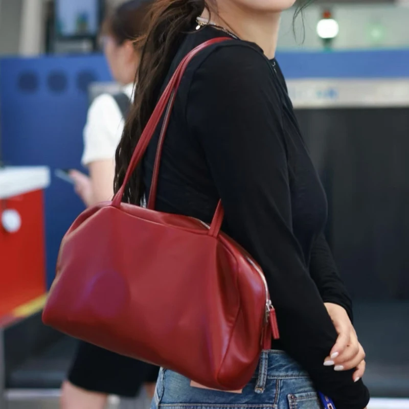 2026 Autumn Genuine Leather Women Handbags Casual Solid Totes Women Shoulder Bowling Bags Luxury Brand Cowhide Women Bags