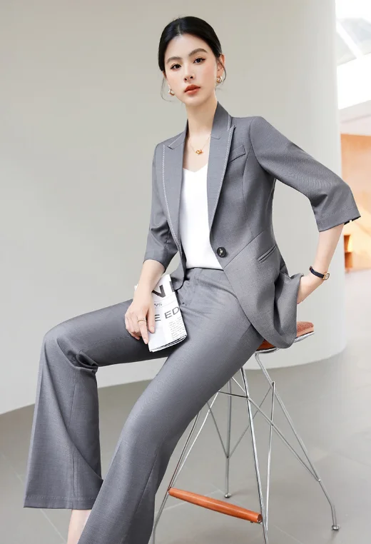Three‑quarter sleeve gray blazer‑collar coat, cross‑border professional casual two‑piece set for spring, summer and autumn