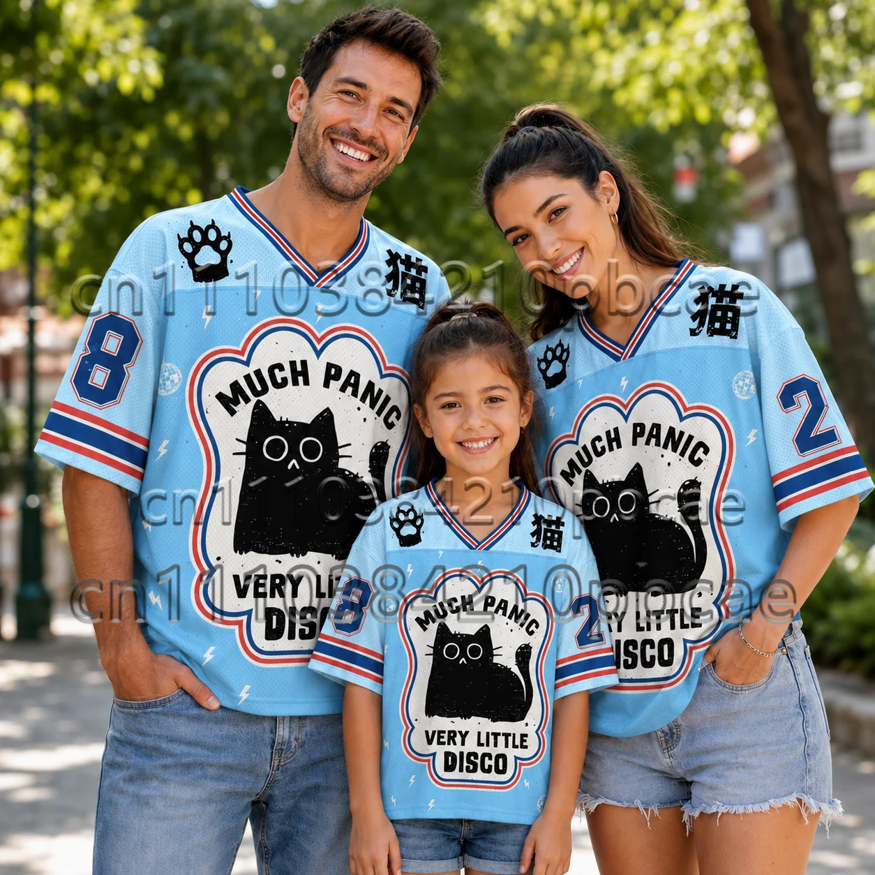 Harajuku Retro Fun Cartoon Cat Design Printed Sport Quick-dry Breath V-Neck T-shirt Streetwear Parent-child Pullover Clothing