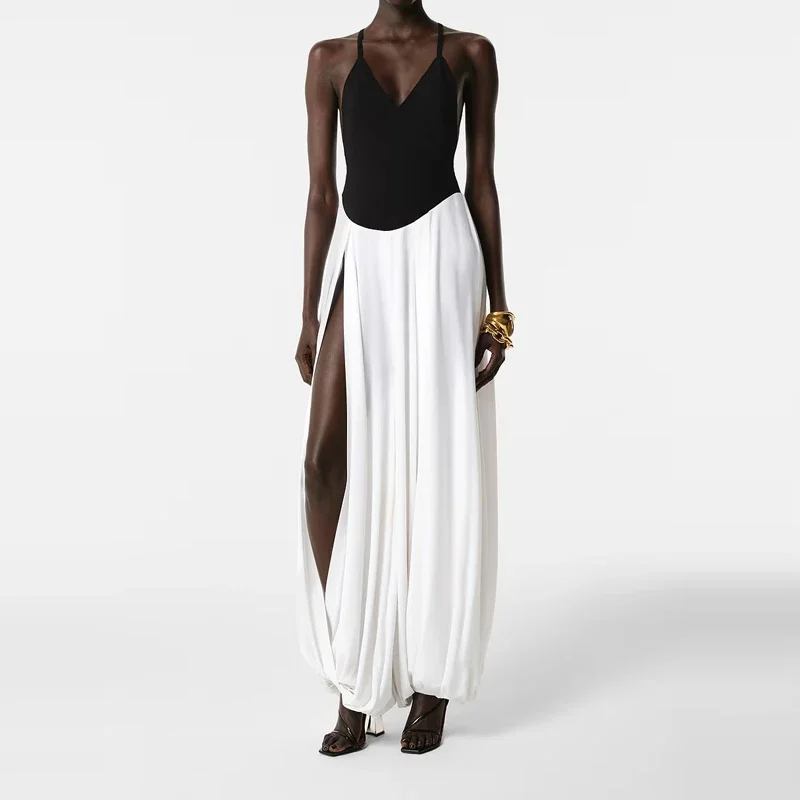 Chic Unique Side Slit Sleeveless Romper Sexy Straps Off Shoulder Hollow Out Playsuit Trendy Color Blocked Backless Vacation Jump