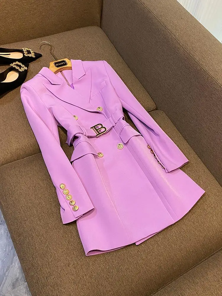 

Faionable Pure Color Belted Long Sve Slimming Commute Suit Dr Ele mid Waist Chinese Brand Ladies' Spring Autumn W...