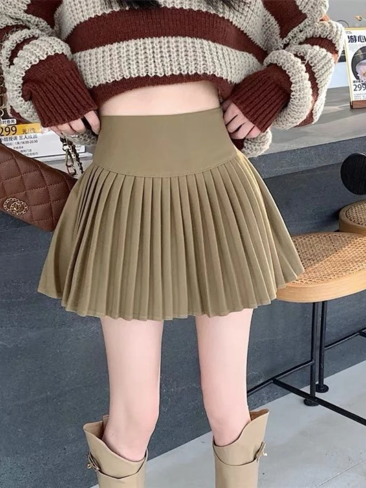 

HOUZHOU Casual Pleated Skirt Women High Waist Streetwear Autumn Winter Woolen Mini Skirt Solid Korean Style Female Outfits