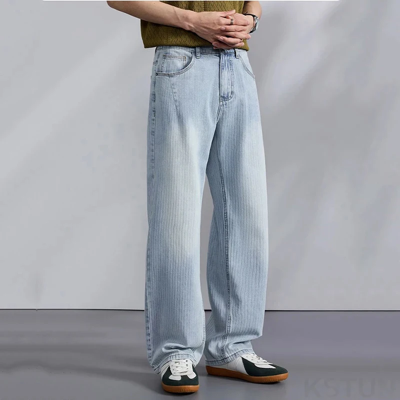 

2026 Spring Straight-Leg Jeans Men Loose Denim Pants Elastic Waist Wide Leg Trousers Light Blue Stripes Vintage Streetwear
