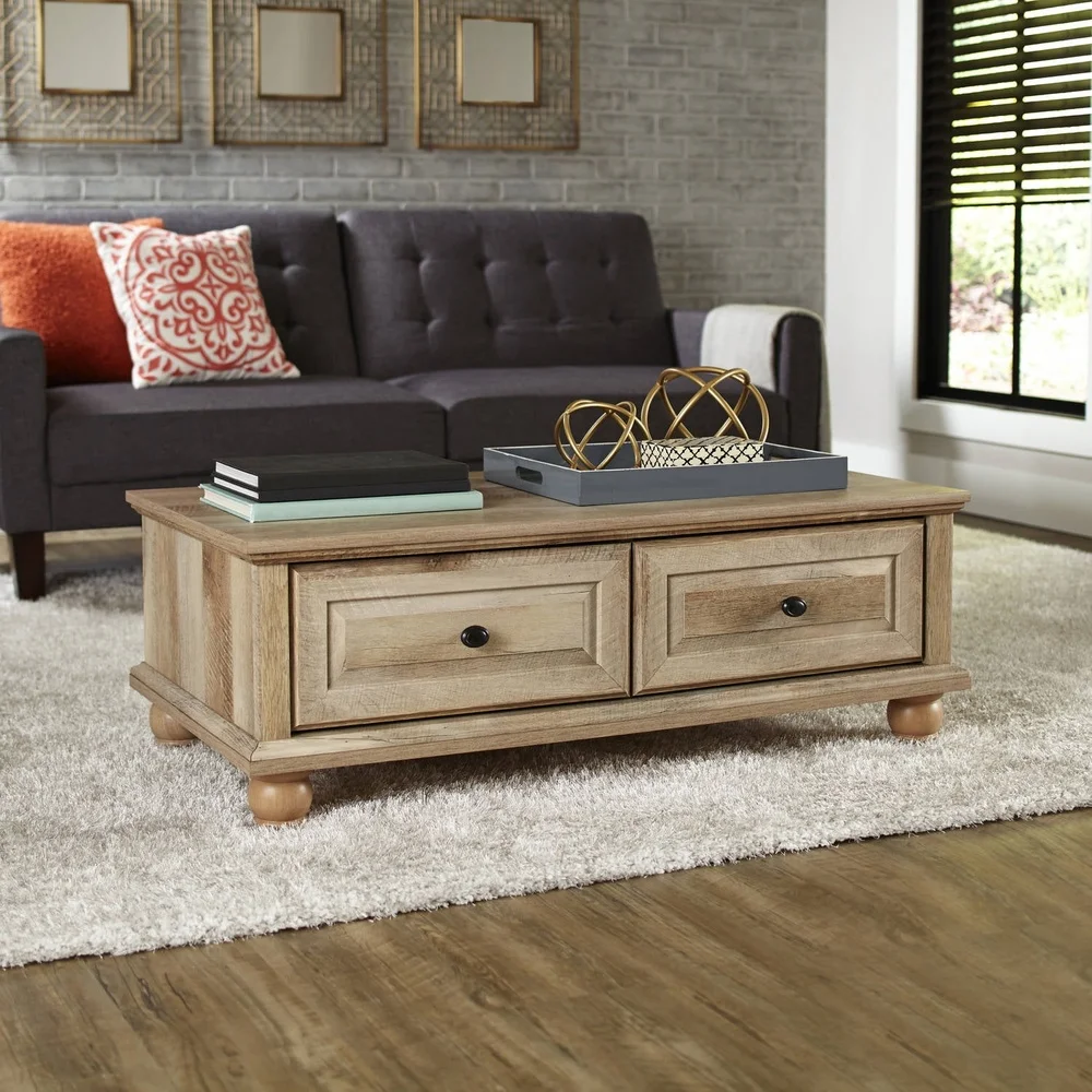 Spacious Coffee Table with Weathered Finish Two Drawers Solid Wood Feet Quick Assembly Indoor Storage Rectangle Design