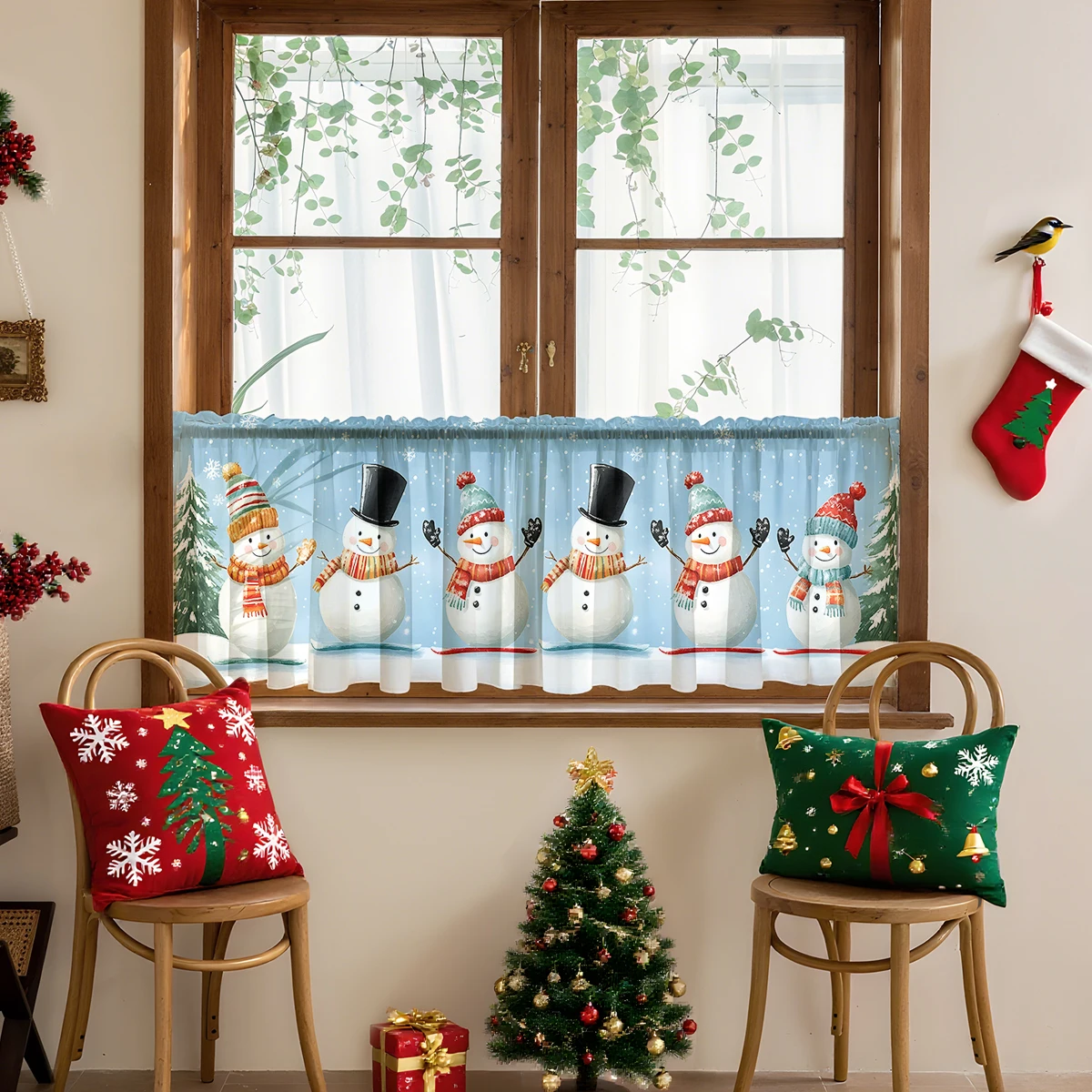 

1Pc Holiday Decorative Curtain Sheer - Polyester Material, Rod Pocket Design, with Christmas Snowman Decoration Design, Suitable for Small Curtains in Kitchens, Cafes, Etc., Holiday Home Decoration, Christmas Decorations