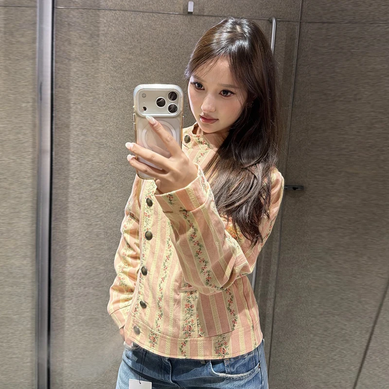Jacquard-gestreifte Jacken mit seitlicher Knopfleiste für Damen, Street-Style, O-Ausschnitt, lange Ärmel, einreihig, geteilte, lockere Jacke, schicke Damenoberbekleidung – Detail 7