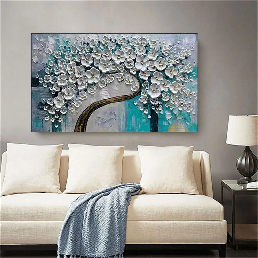 

Top Beauty Abstract White Blue 3d Texture Knife Flower Oil Painting Handmade Light Color Tree Paintings Decor Home Wall Art Life