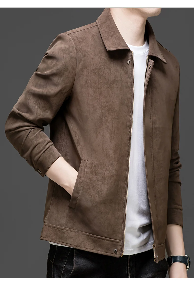 Solid Brown Suede Fabric Zip Front Lapel Collar Jacket Straight Trim Light Wind Resistant Outerwear For Mens Business Casual