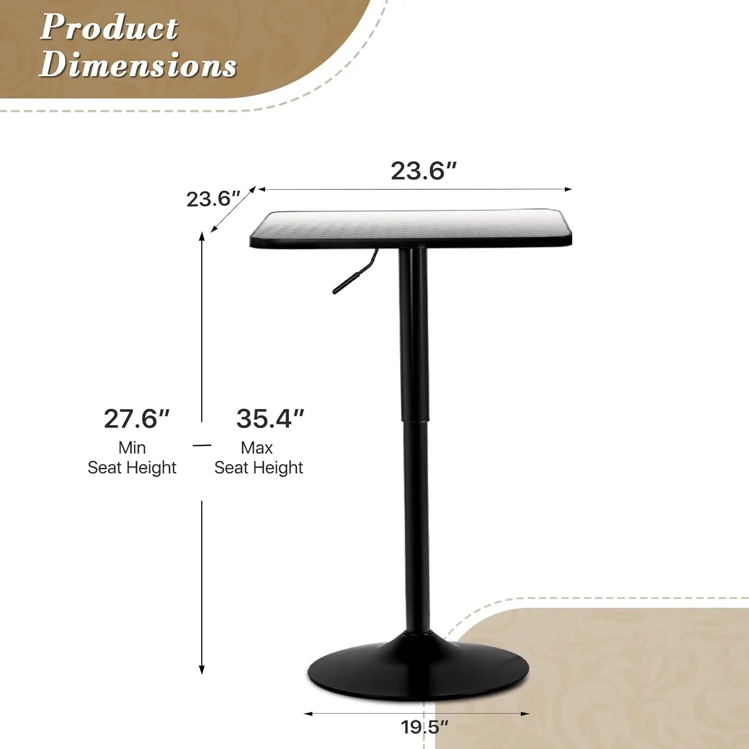 Athena Collection Square Bar Table, Pub Table, Altura ajustável, 360 ° Swivel Bistro Table, High Top Table com Mdf