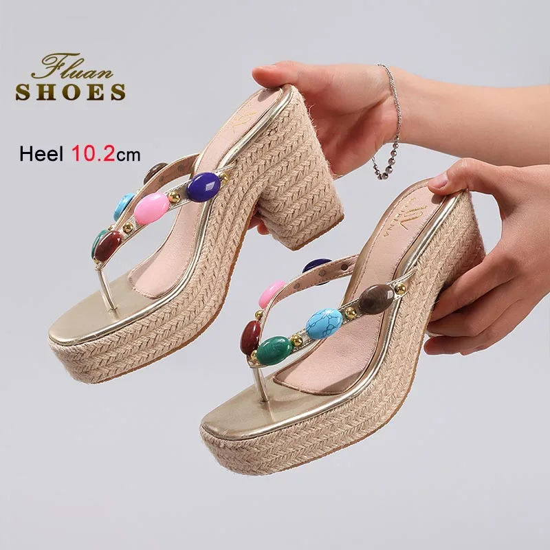 

Летние повседневные тапочки, женская обувь, босоножки на танкетке из пеньковой веревки, разноцветные шлепанцы с бусинами, шлепанцы на высоком каблуке