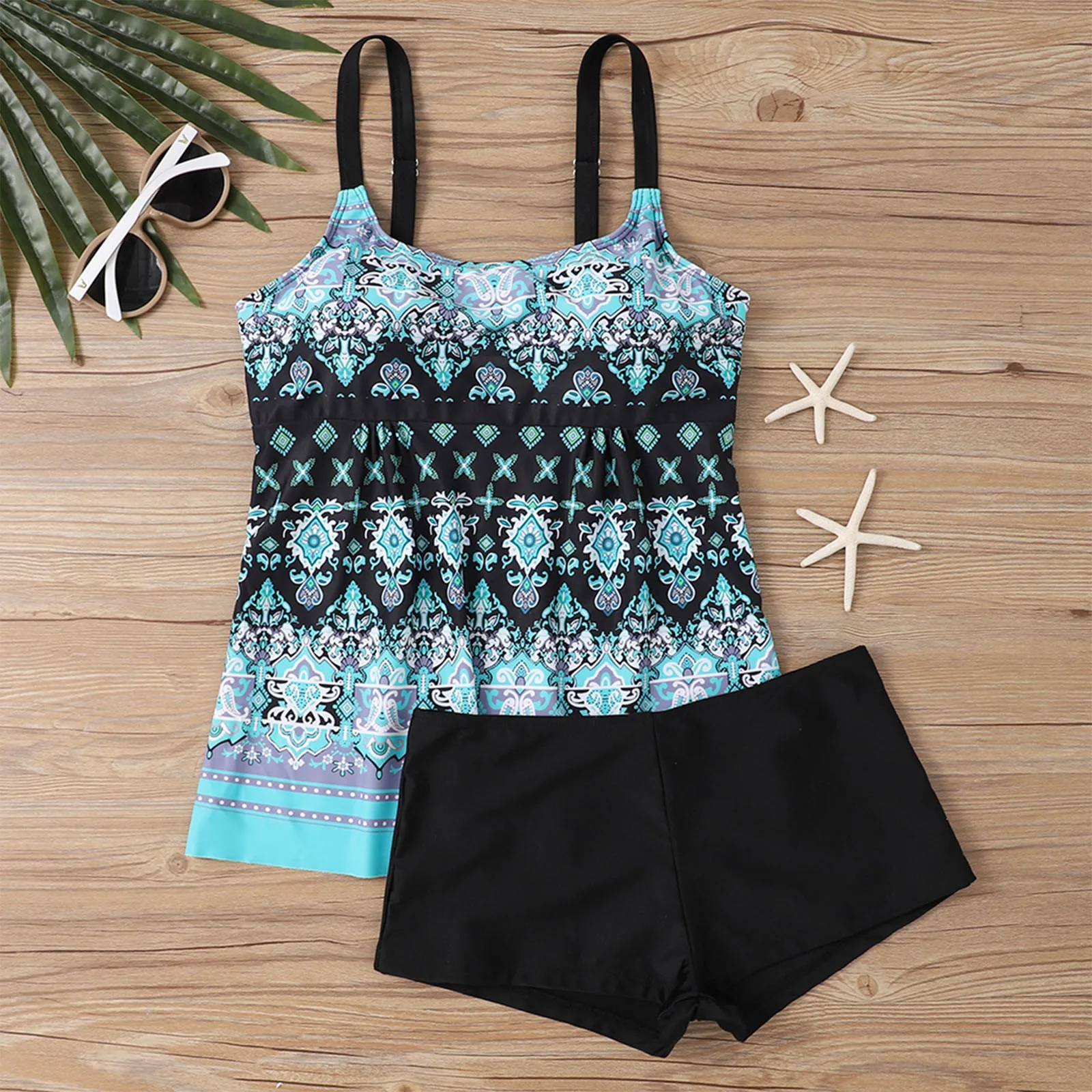 女性のセクシーなスリムフィットプリントスリングスプリットビキニプラスサイズ水着 (ツーピース) ストラップタンキニセットプリントビーチ水着
