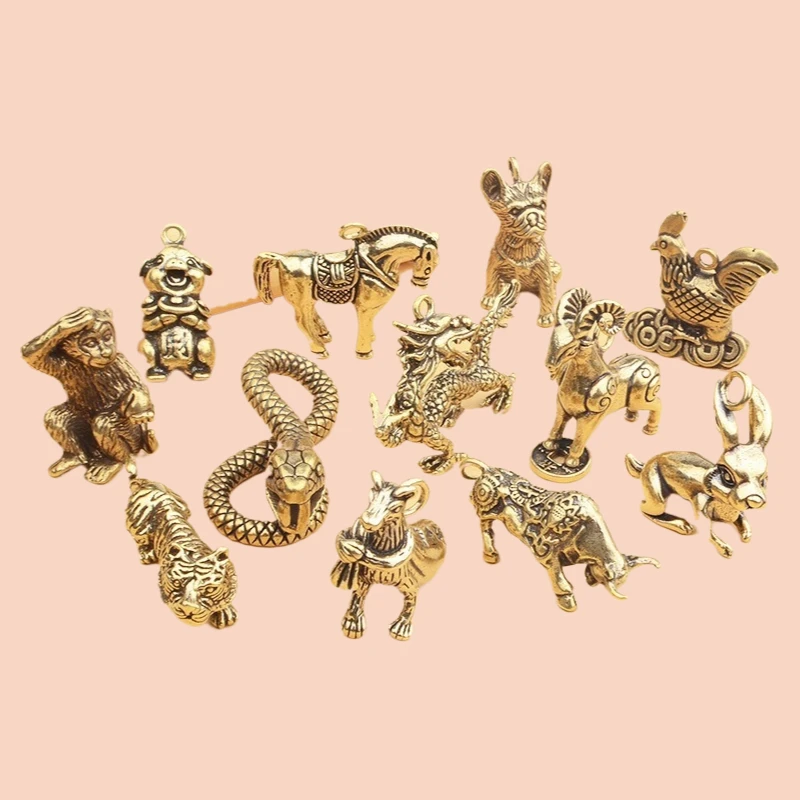 1Pc Solid Brass Chinese Zodiac Mini Figurines High Quality DIY Charm Pendant Keyring Animal Ornaments for Keychain Home Decor