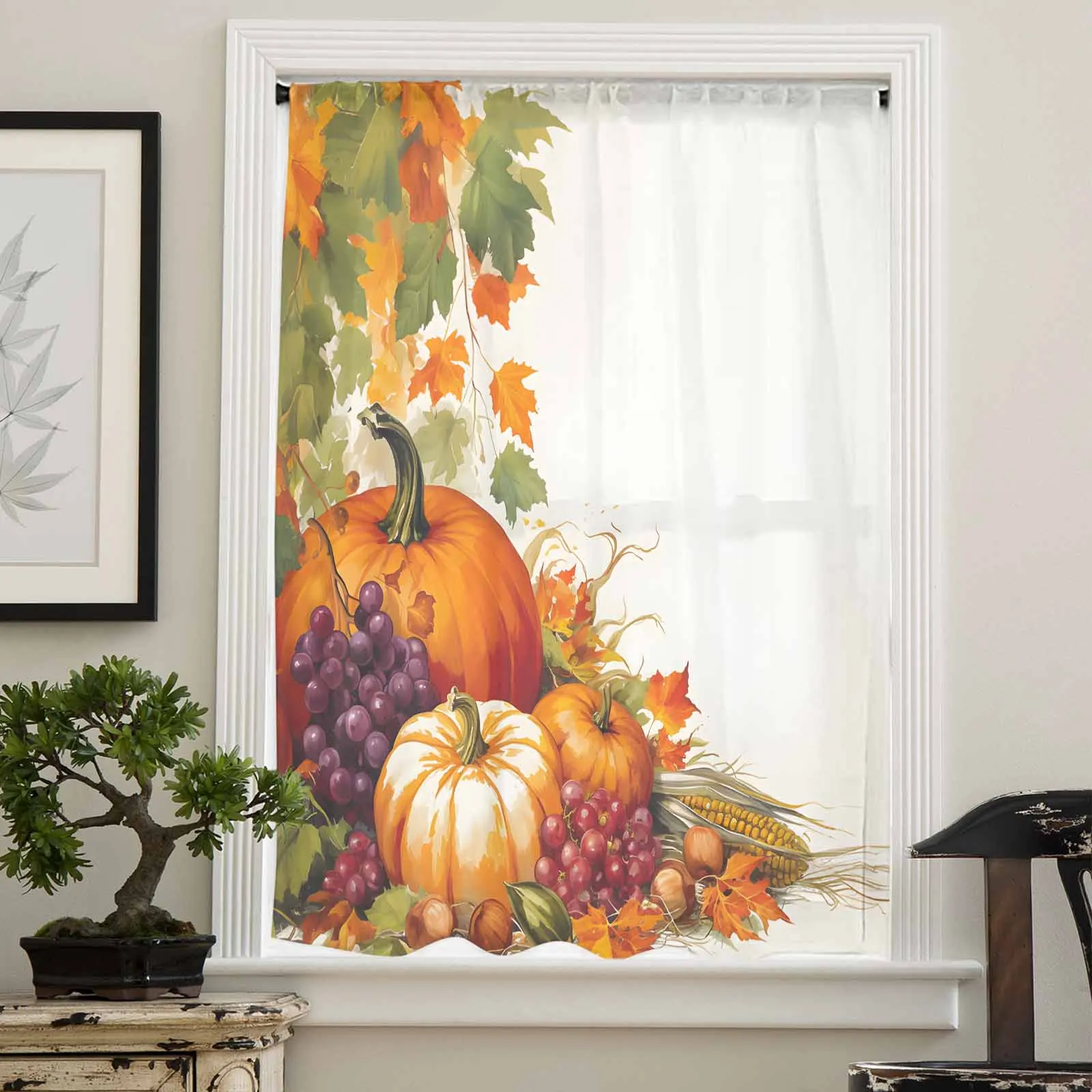 Autumn Orange Pumpkin Grape Maple Leaves Sheer Curtains for Living Room Bedroom Window Treatment Kitchen Chiffon Curtain