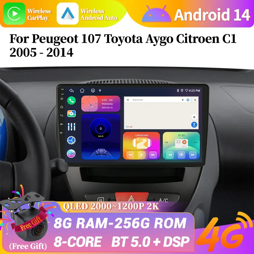 

Автомобильный радиоприемник Android 14, мультимедийная навигация для Peugeot 107 Toyota Aygo Citroen C1 2005-2014, беспроводной Bluetooth BT, экран Carplay