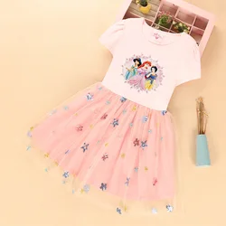 Summer Girls Holiday Dress Disney Princess Star Dress Children's Cartoon Pattern Printed Sweet  Dress Cotton Children's Wear