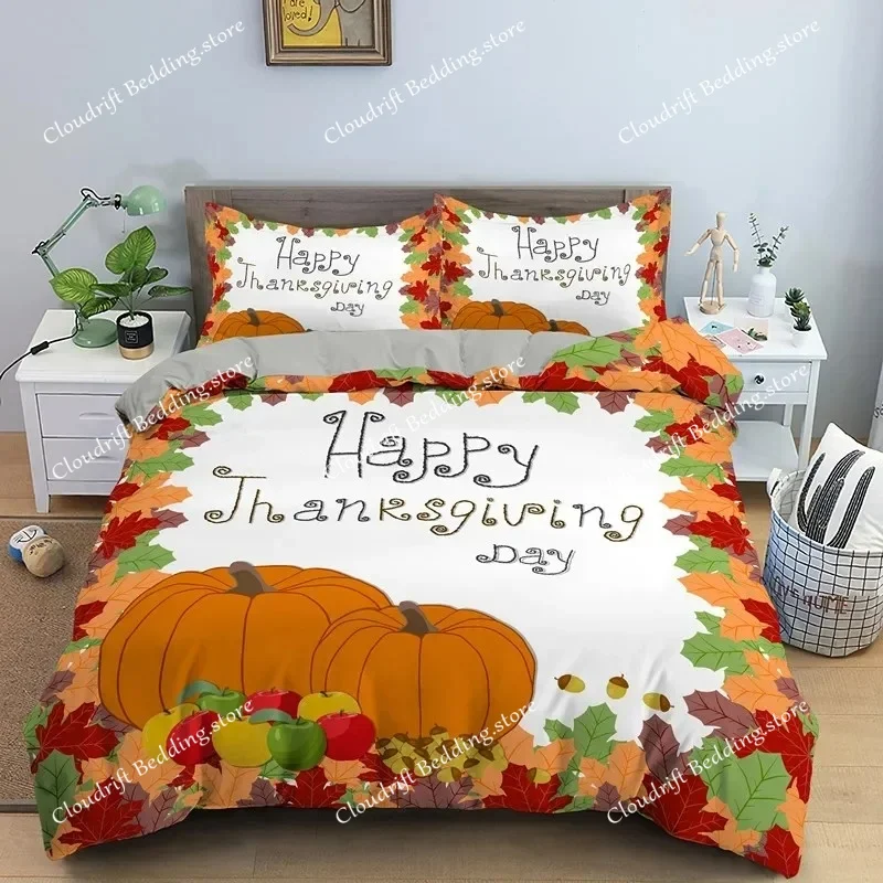 

Autumn Thanksgiving Day Duvet Cover King Queen Cartoon Orange Pumpkin Turkey Bedding Set Maple Leaves Soft Polyester Quilt Cover
