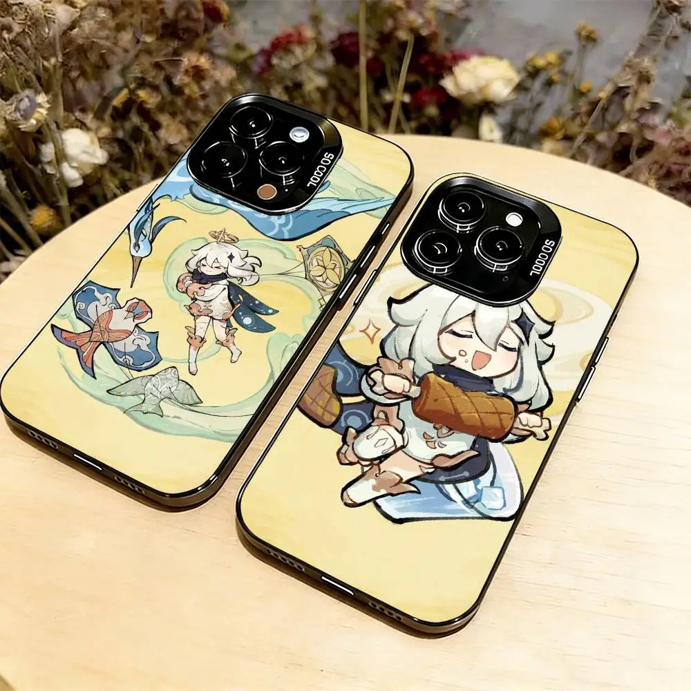

G-Genshin Impact P-Paimon Phone Case For iPhone 17,16,15,14,13,12,11 Plus,Pro Max,XS,Colored Silver Plated Inside Cover