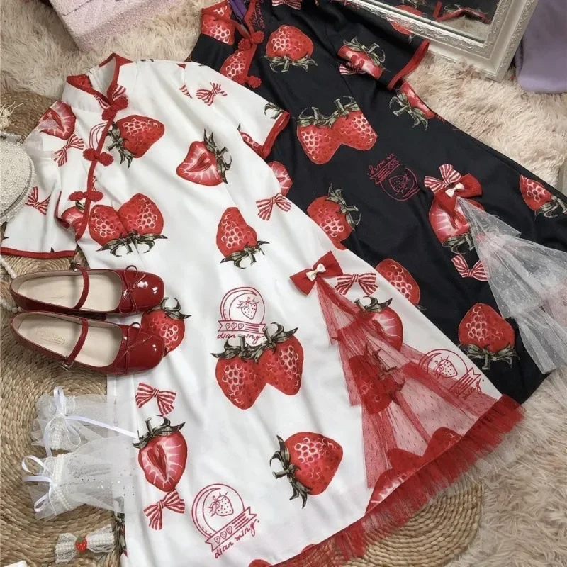 Strawberry Cheongsam Summer Soft Cute Lace Waist Lady Fat MM Look Thin Dark Dress