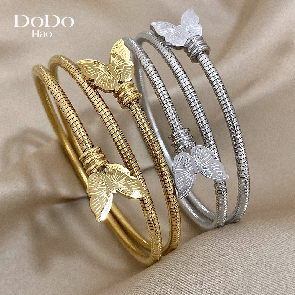 DODOHAO Elastic Loopy Butterfly Y2k Trendy Stainless Steel Cuff Bangle Bracelet For Women Silver Color Jewelry Bracelets Gifts