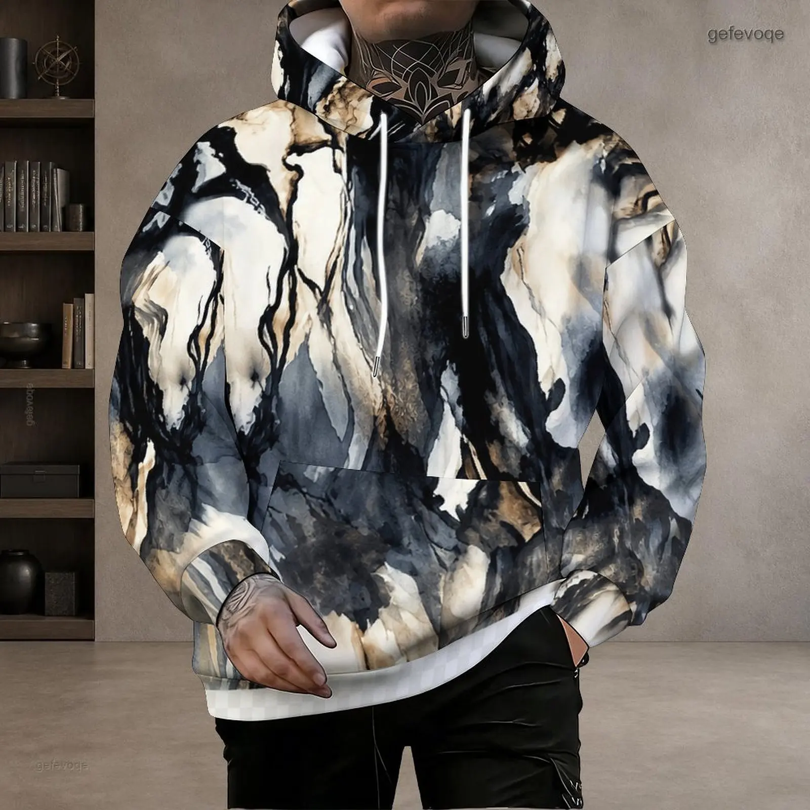 Men Printed Abstract Camouflage Pullover Hoodie Long Sleeve with Drawstring Hood Kangaroo Pocket