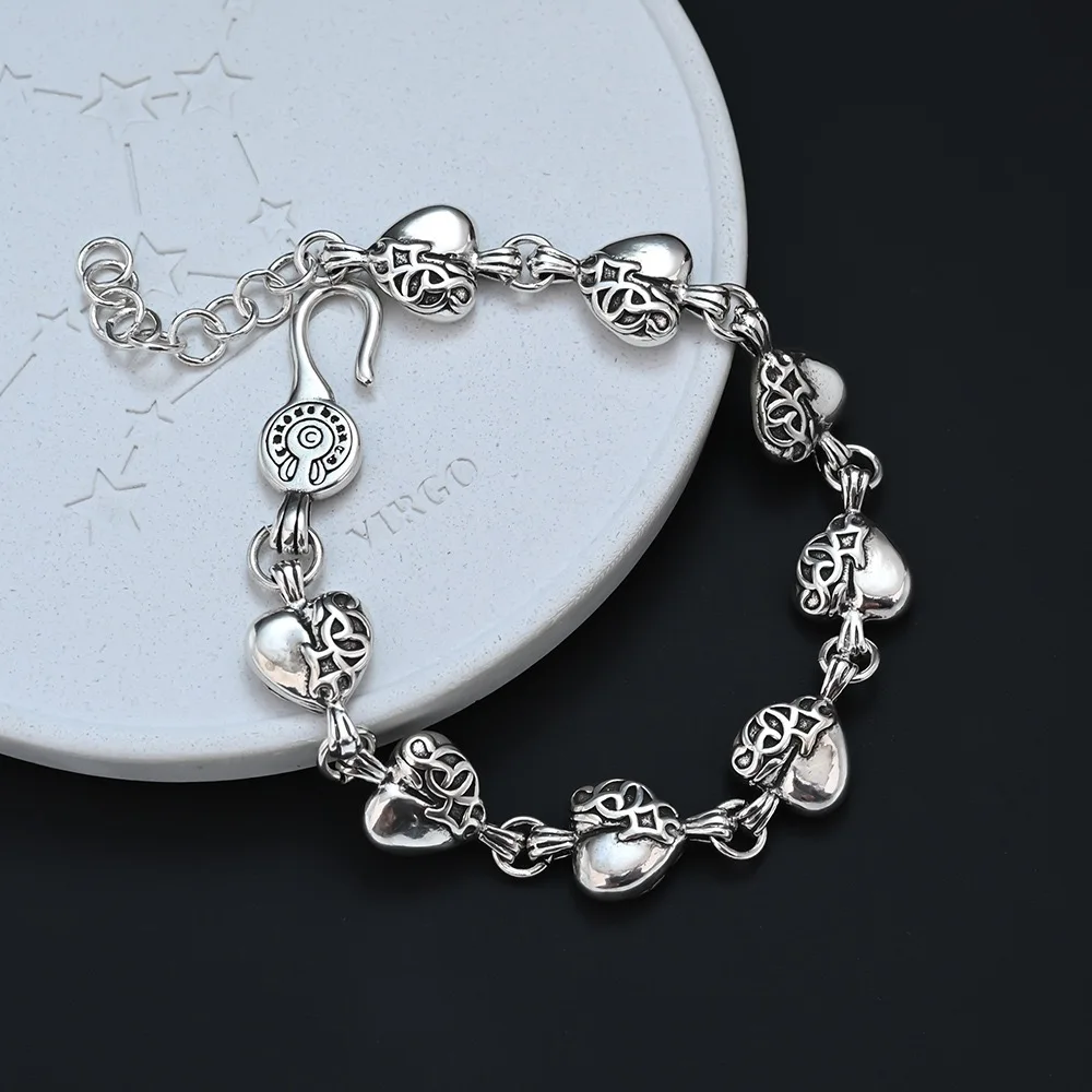 925 Sterling Silver Bracelets for Women Men String Accessories Retro Heart Shape Pattern Pendant Party Jewelry Gift
