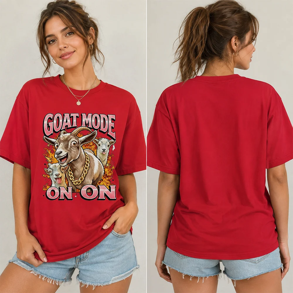 Funny Goat Mode On Graphic T Shirt Retro Farm Animal Gold Chain Fire Design Casual Short Sleeve Tee Men Women Humor Farm Lover