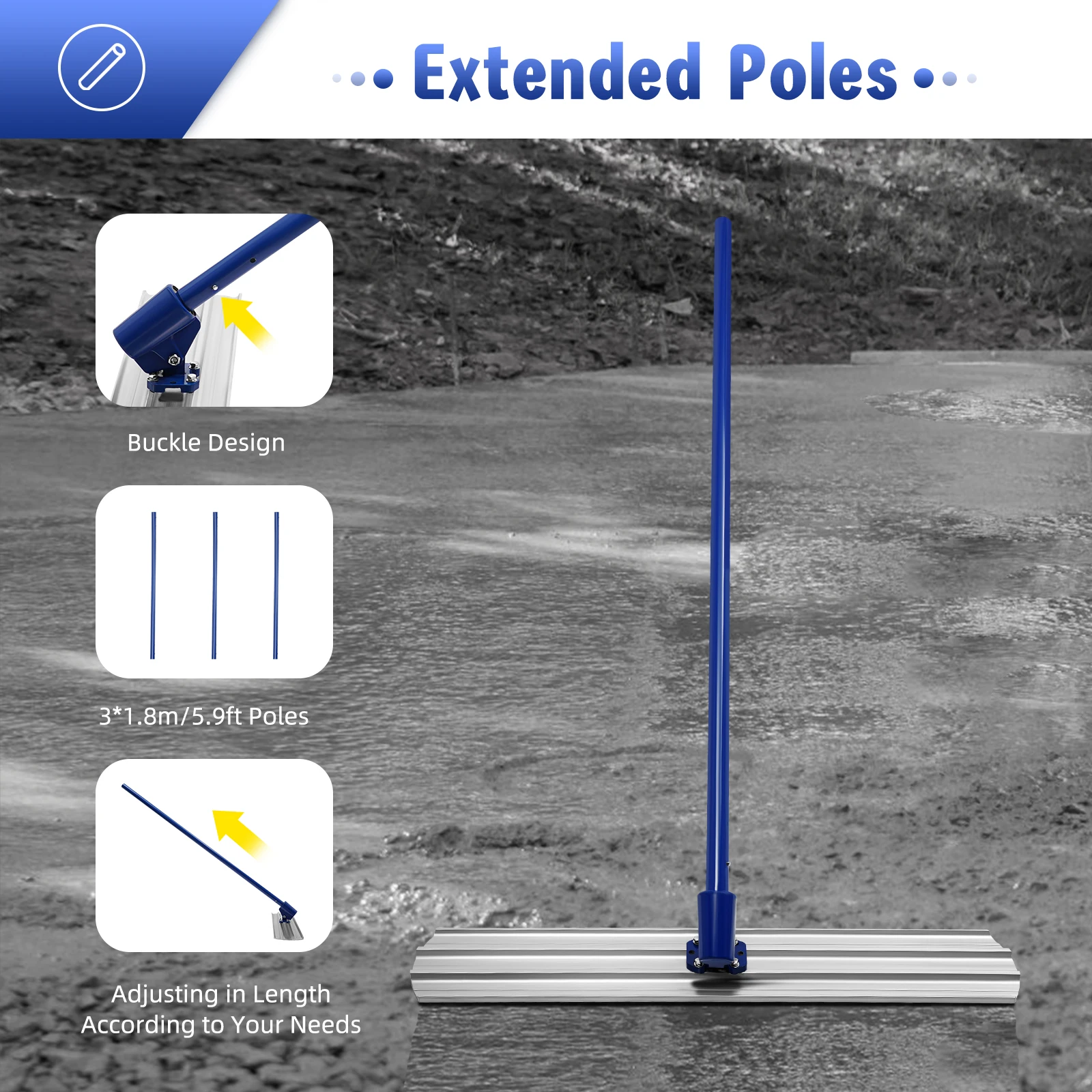 أداة تعويم الخرسانة 47.24 بوصة، مجرفة من سبائك الألومنيوم والمغنيسيوم مع أقطاب قابلة للتمديد، أداة تسوية زرقاء لتشطيب الأرضية #3