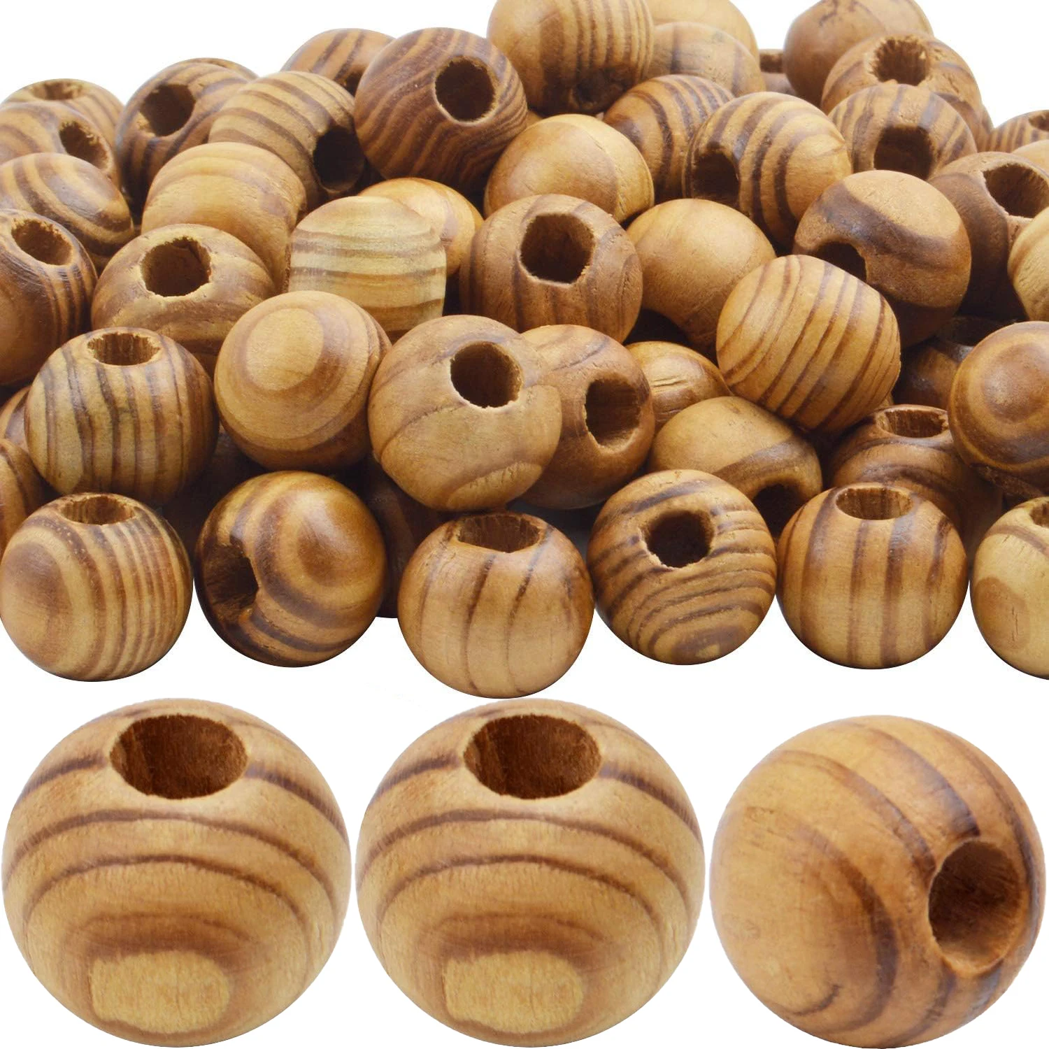 

100Pcs Diameter Round Loose Spacer Beads Large Hole (6.5mm) Wooden Craft Beads with Beautiful Grain for DIY Handmade Decorations