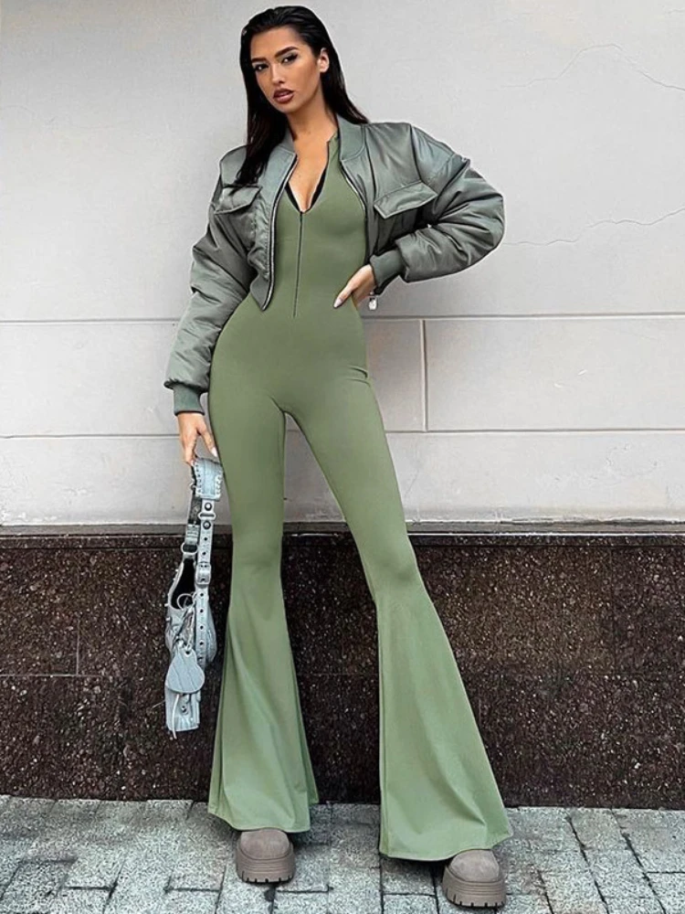 WeiYao-mono Sexy con cremallera para mujer, ropa moldeadora de cuerpo, Cuello medio alto, Bodycon, mangas largas, pantalones de fondo de campana, ropa de calle para discoteca