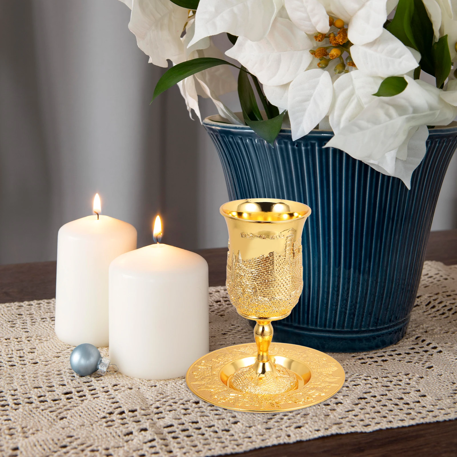 

1Set Kiddush Cup with Saucer Metal Shabbos Passover Wine Cup Decorative Holiday Gift Silver Plated Judaica Shabbat Gift Option
