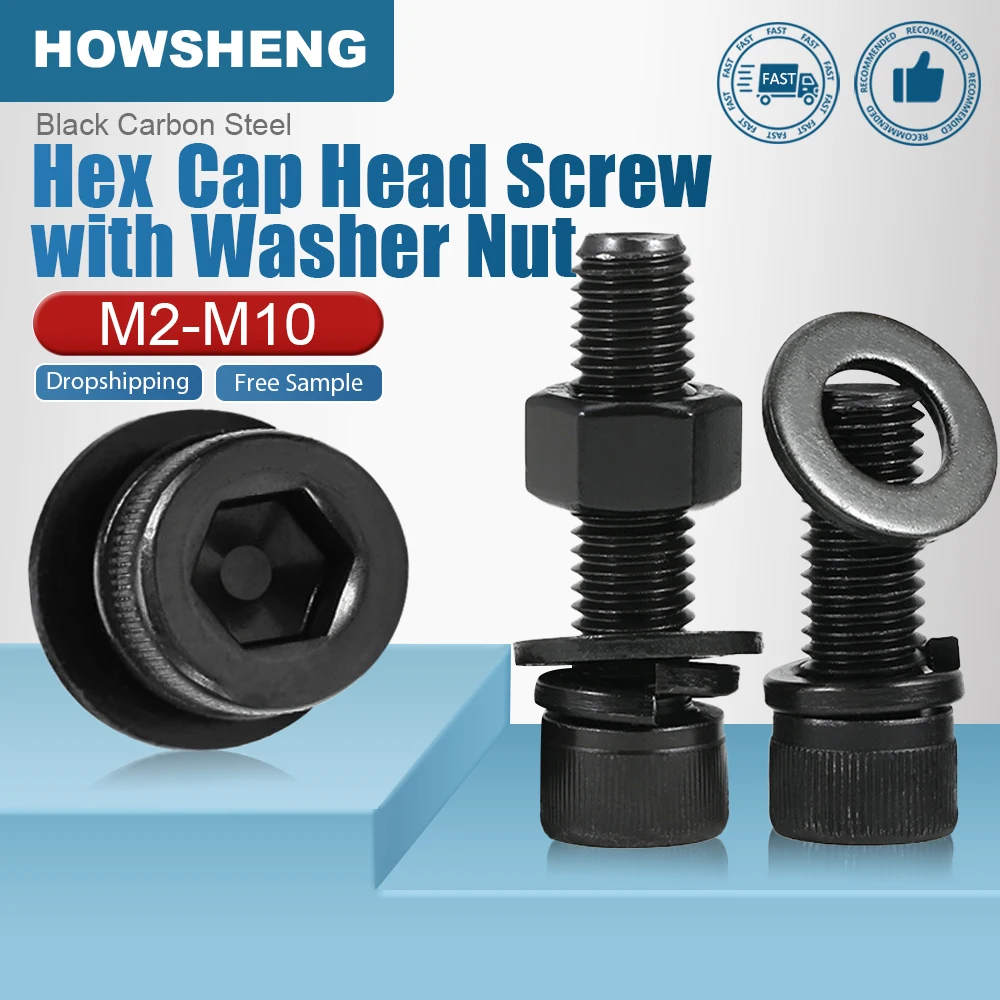 Hex Socket Cap Screw Set M2 M3 M4 M5 M6 M8 M10 12.9 Grade Carbon Steel Allen Cap Head Bolt Screws Sets with Washer and Nut