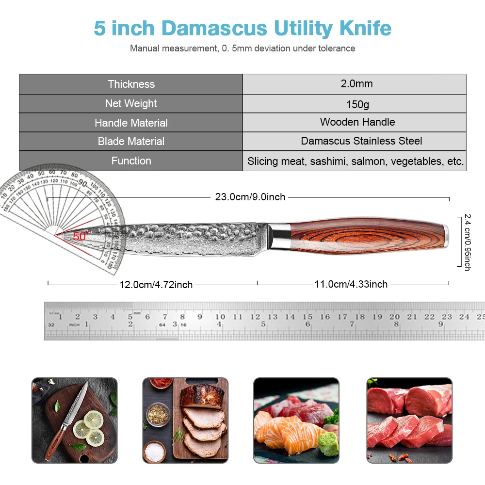 Utility Knife 6 Inch Kitchen Fruit Knife Forged Damascus Steel Non-stick Kitchen Knife for Home and Restaurant Redwood Handle