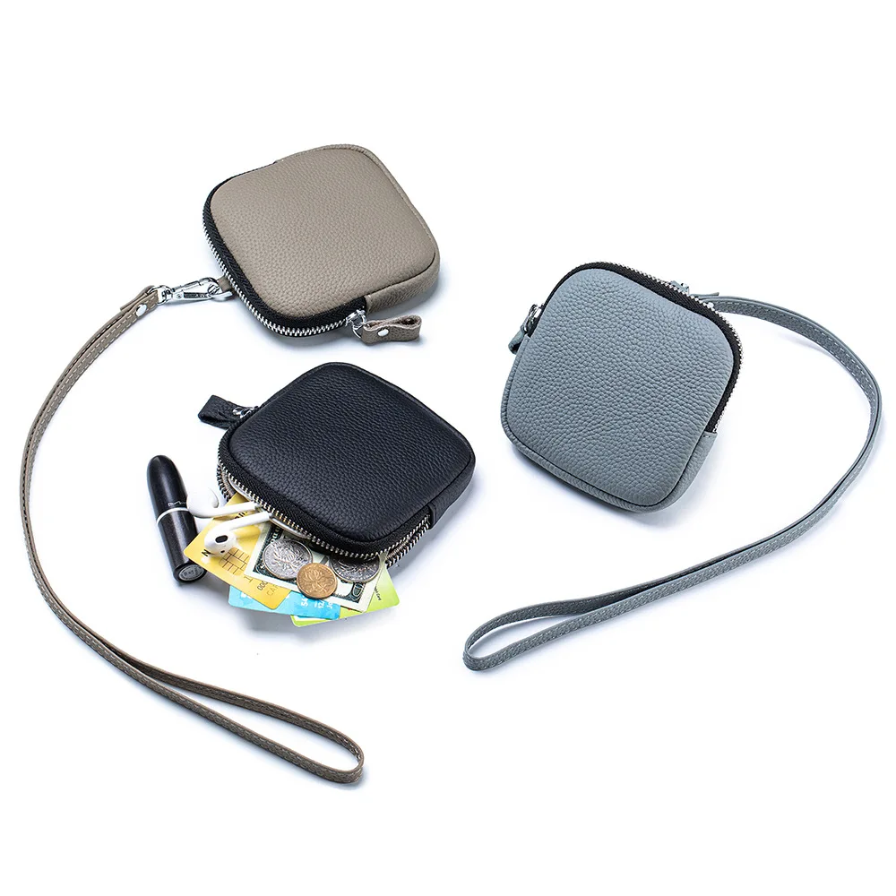 กระเป๋าใส่เหรียญหนังวัวแท้ชั้นแรก ดีไซน์เรียบง่าย พกพาสะดวก ใช้แขวนคอได้ ใส่บัตร ลิปสติก กระเป๋าหนังแท้ทรงสี่เหลี่ยมสำหรับจัดเก็บเหรียญ