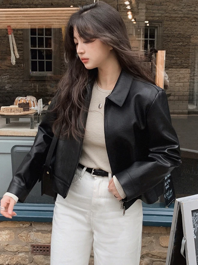 

Ретро-куртка женская свободного кроя из искусственной кожи с воротником-стойкой и двойной молнией, универсальная, коллекция Dongda Gate Весна 2026