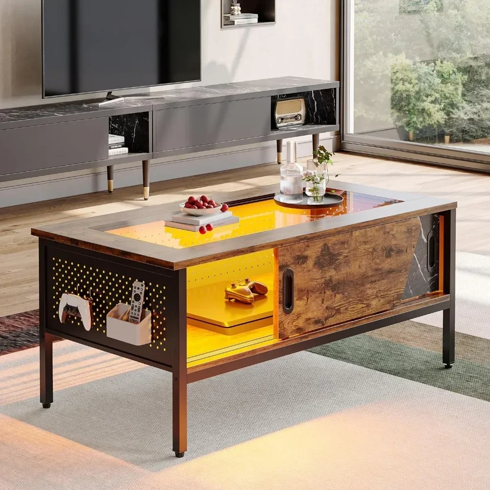 Mesa De Café LED com Vidro De Armazenamento, 42 Polegada, Mesas De Café Para Sala De Estar Com Portas De Correr