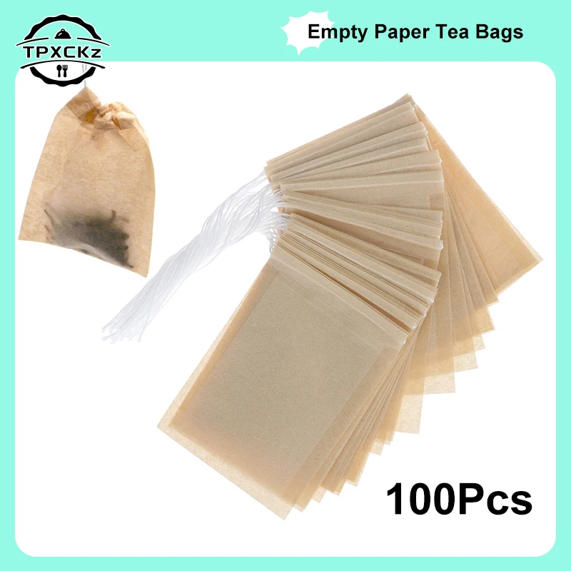 100 Uds bolsitas de té con cordón bolsa de té de papel biodegradable filtro ecológico bolsas de té vacías hojas sueltas té en polvo medicina herbaria