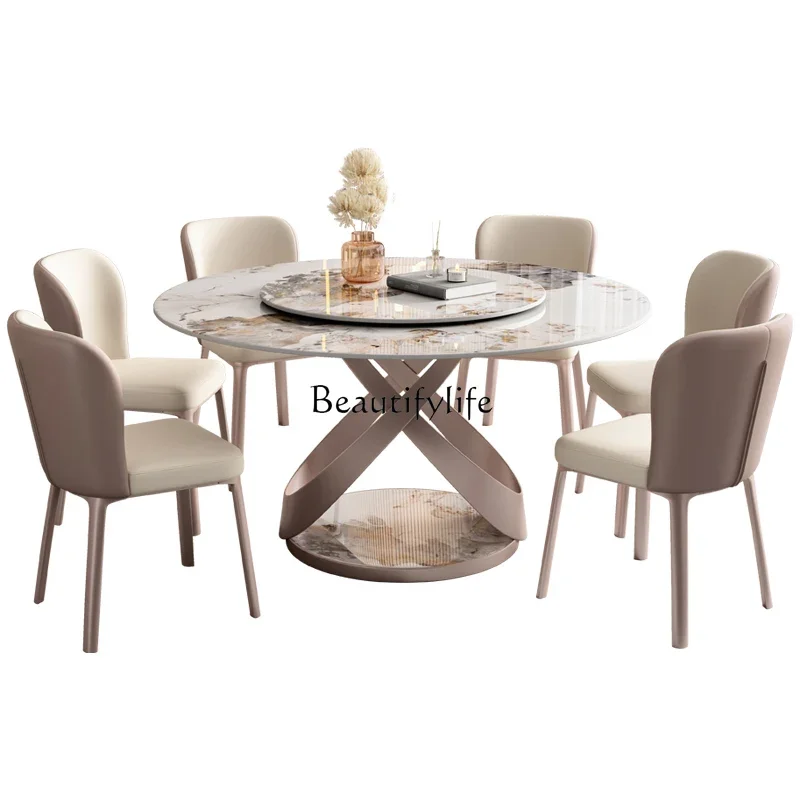 Pandora rock slab round dining table light luxury with turntable high-end round table