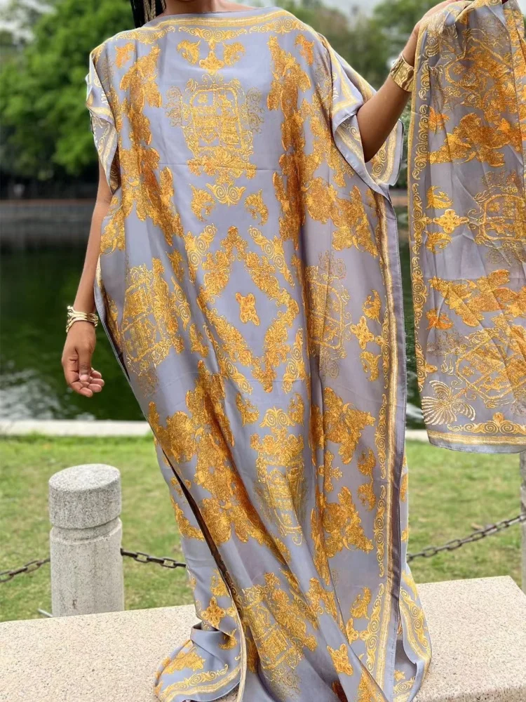Luxury Soft Muslim Print Abayas Women Short SLeeves Imitated Silk Satin Long Dress Loose Femme Robe Islam Dresses With Hijabs