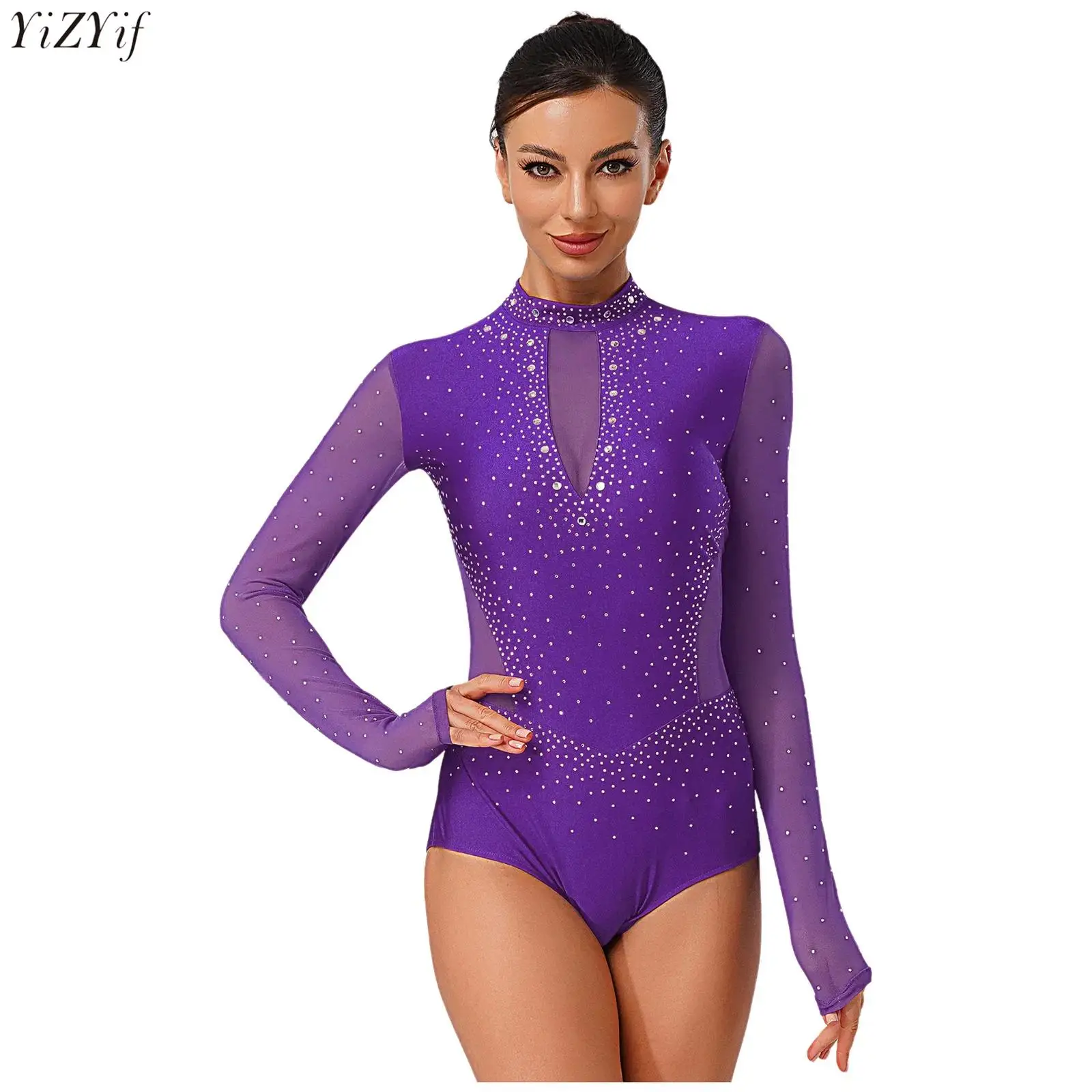 

Womens Athletic Gymnastics Leotard Long Sleeve Sheer Mesh Patchwork Glittery Rhinestone Bodysuit Ballet Figure Skating Dancewear