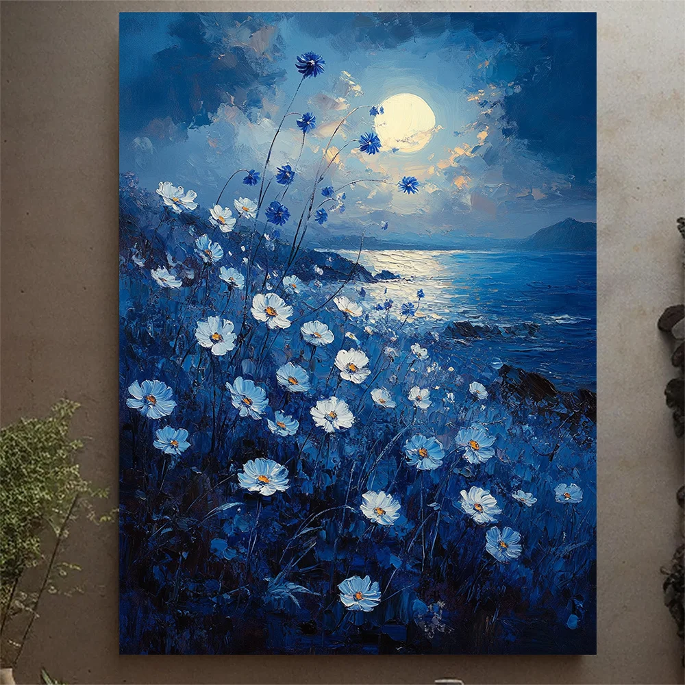 (No frame)1pc Moonlit Daisy Field Canvas Wall Art, 12x16inch - Serene Night Sky Floral Landscape with Full Moon & Ocean View,