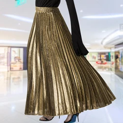 Casual Pleated Half Skirt Summer Women Loose Spring Female Gold Elastic High Waist Big Swing Beach Skirts