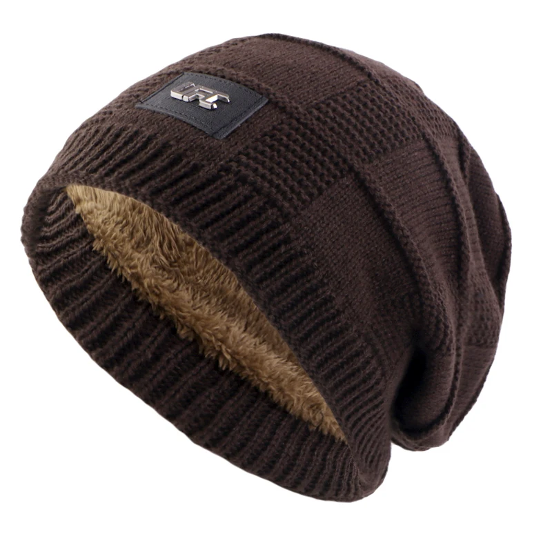 New Winter Warm Hat Men\'s Outdoor Wool Knitted Cap Plus Fleece Beanie Label Casual Knitted Hat Outdoor Windproof Warm Skull Cap